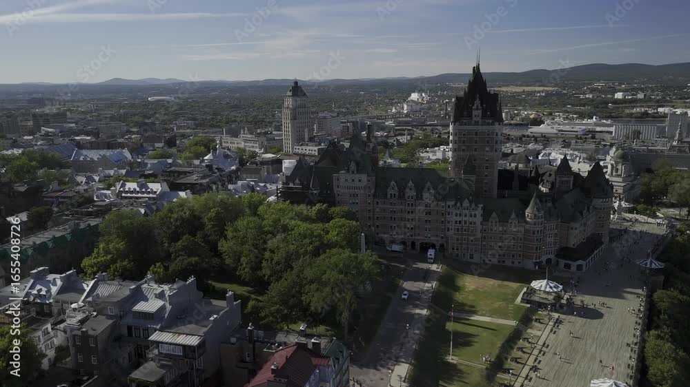 Drone flies north over Governor's Garden toward the city center on sunny summer afternoon in Quebec City, Canada Drone flies north over Governor's Garden toward the city center on sunny summer afternoon in Quebec City, Canada