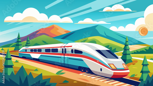 Modern high speed train traveling through scenic mountain landscape