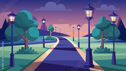 Park pathway illuminated by vintage streetlights at dusk