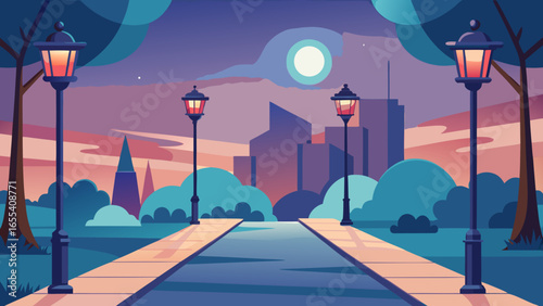 City park pathway with streetlights at dusk with moon and city skyline