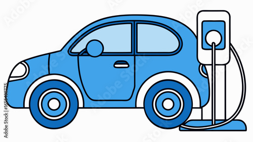 Blue electric car charging at a charging station