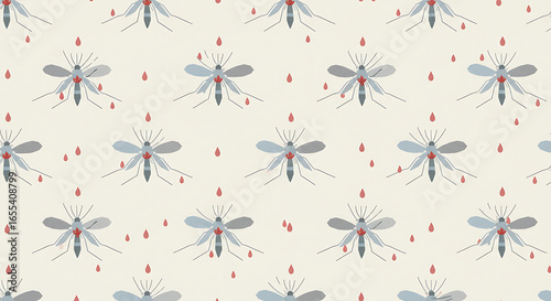 Mosquito Pattern Seamless Design Grey and Red Blood Droplets