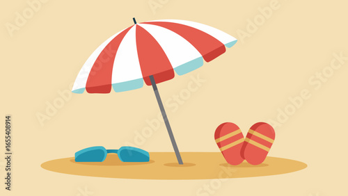 Beach umbrella sunglasses and flip flops on sandy shore
