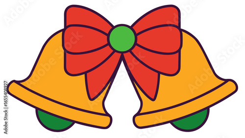 Two golden bells with a red ribbon and green clappers