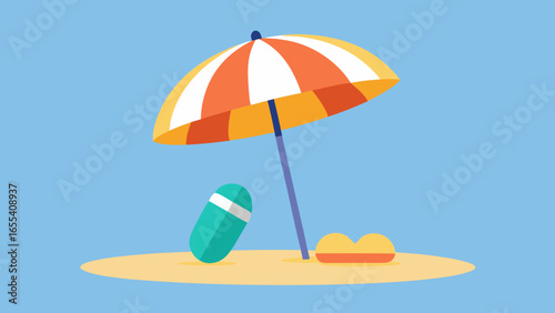 Beach scene with umbrella surfboard and sand castle