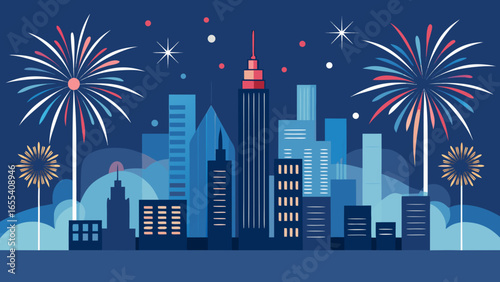 Colorful fireworks exploding over a stylized city skyline at night