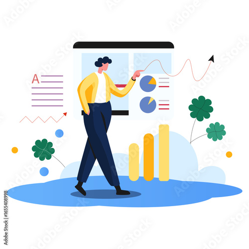 Dynamic professional confidently presenting growth strategy with charts and data visualization, inspiring business success and forward momentum in a modern setting.