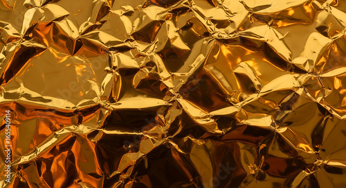 Detailed Close Up of Crinkled Gold Foil Texture Capturing Light Reflections and Shadows Showing Shiny Surface With Elaborate Folds