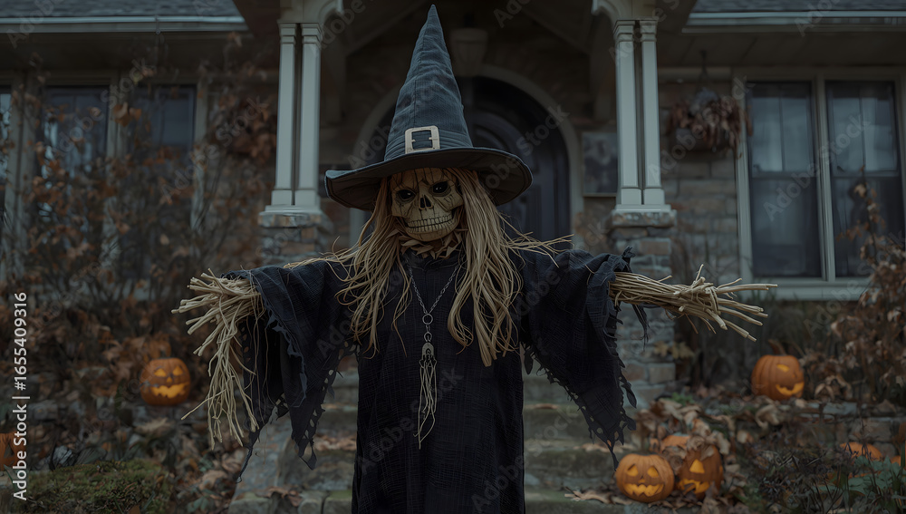 Obraz premium A spooky scarecrow witch stands before a haunted house, surrounded by glowing jack-o'-lanterns on a dark autumn evening.
