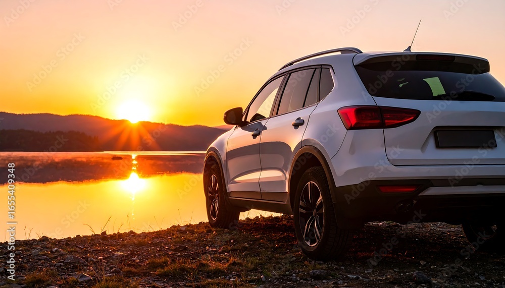 Obraz premium SUV at sunset lake