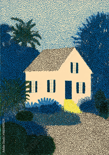Pointillist painting depicting tropical house surrounded by lush vegetation