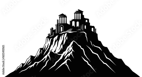 majestic mountaintop ruins black and white illustration for history mythology and adventure designs