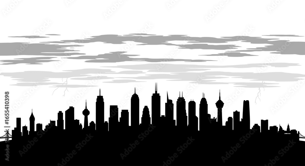 Fototapeta premium stormy cityscape silhouette dramatic black and white skyline for urban weather and environmental designs