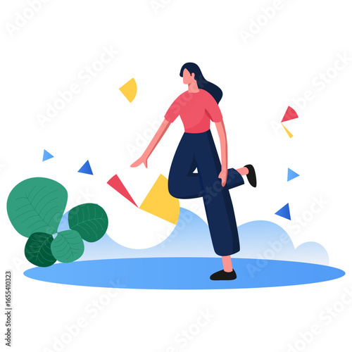 Joyful woman dancing amidst colorful confetti and abstract shapes evoking celebration and dynamic movement, perfect for event promotion or modern lifestyle concepts.