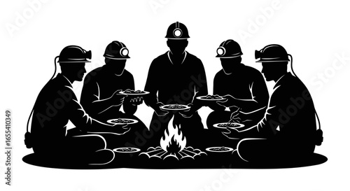 miners campfire meal a silhouette illustration of teamwork camaraderie and hardearned rest after a long days work in the mines