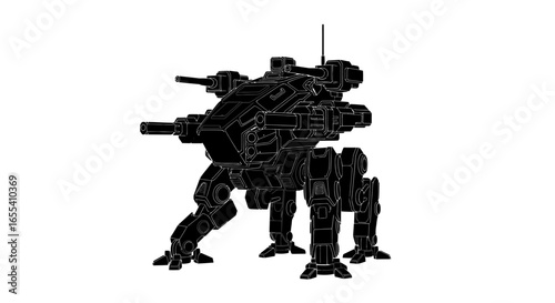 powerful silhouette of a combat mech perfect for scifi military and gaming projects needing a strong dramatic visual