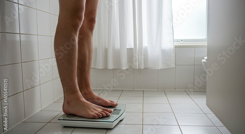Barefoot Man Weighing Himself in a Minimalist Bathroom