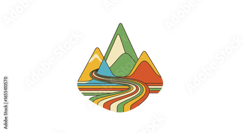 retro mountain landscape illustration vibrant river winding through colorful peaks ideal for travel nature and retrothemed designs