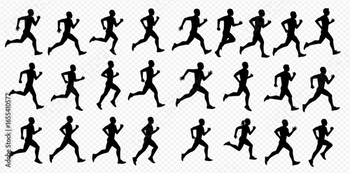 A set of black silhouettes depicting the sequential frames of a running animation cycle on a transparent background.