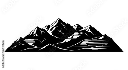 majestic mountain range with terraced fields a striking black and white illustration for adventure travel and nature projects