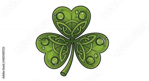 Green Celtic Style Four Leaf Clover with Water Droplets on Heart-Shaped Leaves