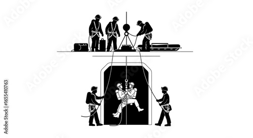 emergency rescue operation confined space rescue team safely elevating injured workers from underground shaft using specialized equipment