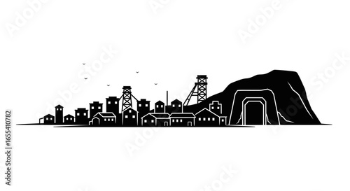 mining town skyline illustrative vector of a coal mining community ideal for resource extraction industry reports presentations and educational materials