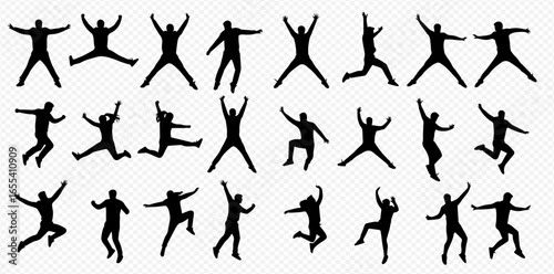 A collection of black silhouettes of energetic people jumping in various dynamic and celebratory poses.