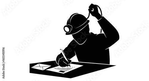 miner completing important paperwork a black and white silhouette illustration perfect for mining industry and safety regulations websites and presentations