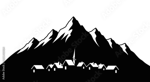 majestic mountain village silhouette perfect for travel nature and community projects seeking a striking monochrome image