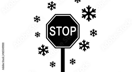 stop sign with falling snowflakes winter warning holiday safety cold weather alert