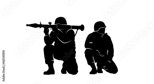 silhouette of two soldiers one aiming a rocket launcher the other on alert powerful military graphic for war combat and defense projects