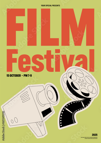 Film and movie festival poster template design with film reel and retro camera on green background