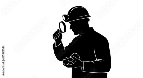 miner inspecting ore sample with magnifying glass safety geology and resource extraction