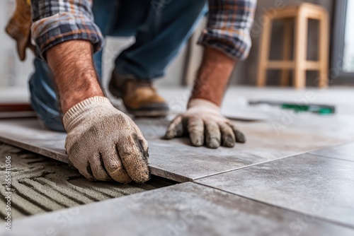 Gloved hands carefully lay new gray floor tiles on a base of fresh mortar. Shows home renovation, construction, or a handyman at work on a project.
