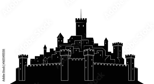 medieval fortress silhouette enhance your game book or website design with this striking black and white castle illustration perfect for fantasy history or architecture projects