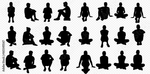 A diverse collection of black silhouettes showing people sitting, crouching, and relaxing in various poses on a transparent background.
