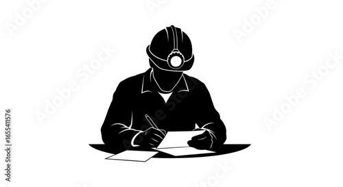 mining engineer completing safety report black and white silhouette illustration for mining safety and industrial documentation