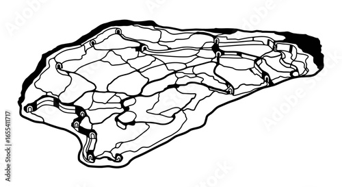 isometric line art map island fortress medieval fortification strategic defense historical illustration perfect for educational resources game design and historical fiction