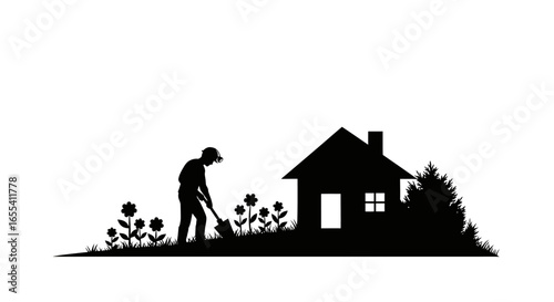 gardener tending a lush garden beside a charming house perfect for real estate landscaping and home improvement websites