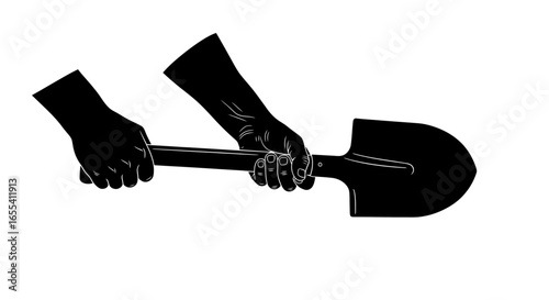 powerful hands gripping a shovel black and white illustration for construction labor and gardening projects