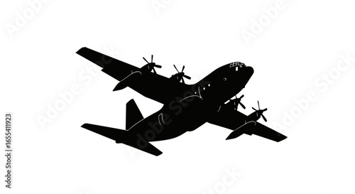 powerful black silhouette of a lockheed c hercules airplane in flight perfect for military aviation or transportation designs