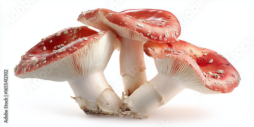 Three red mushrooms with white spots growing together on white background