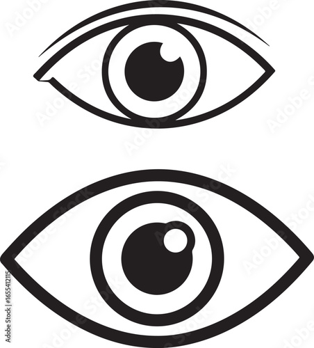 Two abstract eyes with pupil and eyelashes, black and white vector illustration