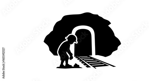 miner entering coal mine tunnel black and white icon for mining railroad and industrial safety designs