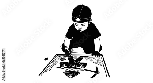 toddler imitating miner a black and white illustration perfect for childrens books educational materials or mining industry projects