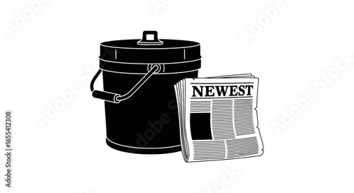 news delivery solution a stylish black and white illustration of a metal bucket and newspaper perfect for recycling journalism or news publication designs