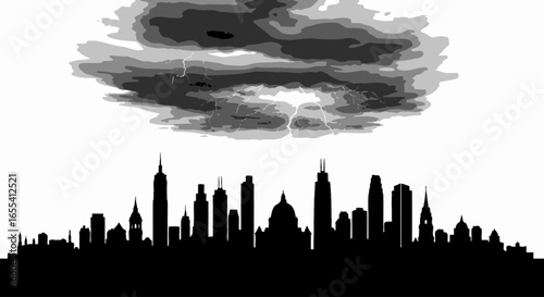 stormy cityscape dramatic silhouette of a metropolis under a threatening thundercloud ideal for news weather or disasterrelated content