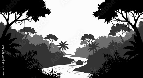 serene rainforest river landscape monochromatic silhouette for ecotourism travel and naturethemed designs