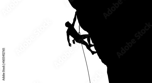 silhouette of a climber ascending a sheer cliff face conquering challenges achieving success reaching the summit